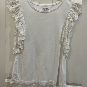 Ralph Lauren polo- white short sleeve top with ruffled embroidery, size L